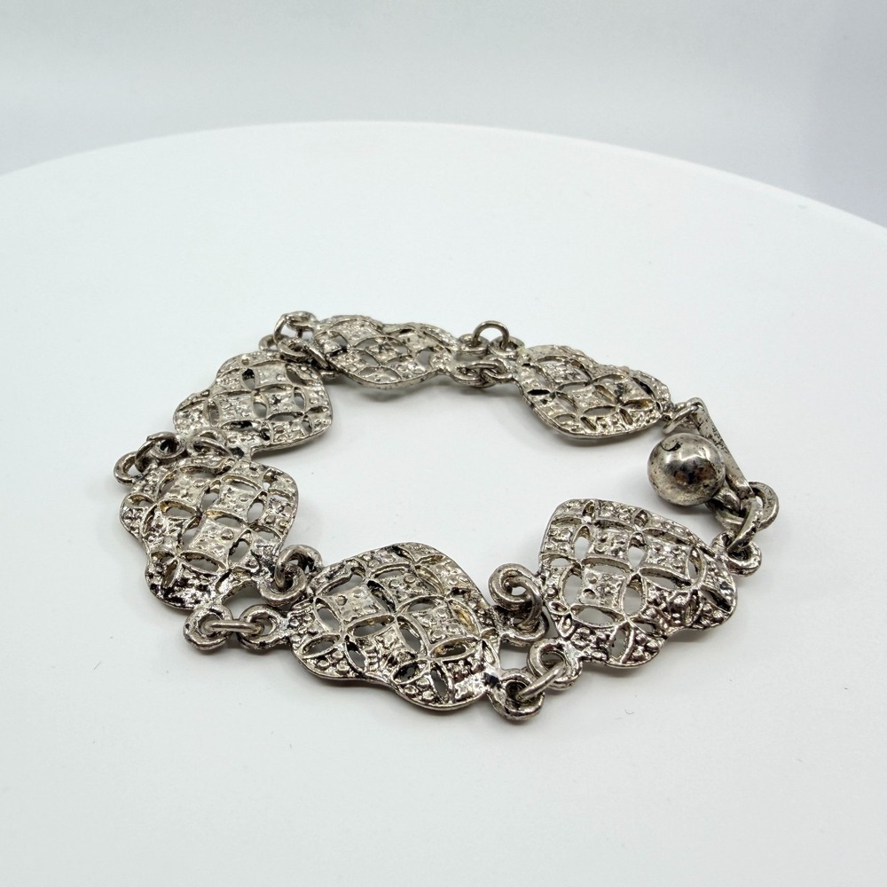 Vintage Silver Tone Filigree Panel Link Statement Bracelet Boho Ornate 7"